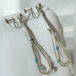 Antique Native-American Liquid Silver Turquoise Bead Screw-Back Earrings